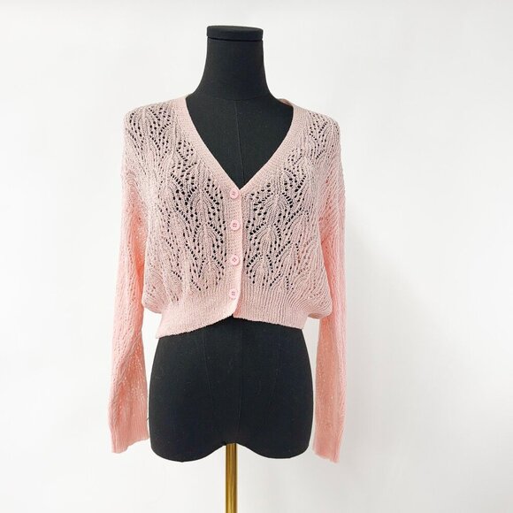 VINTAGE STYLE BABY PINK BUTTON UP CROPPED SEWATER LACE SHEETR COTTON - Picture 7 of 9